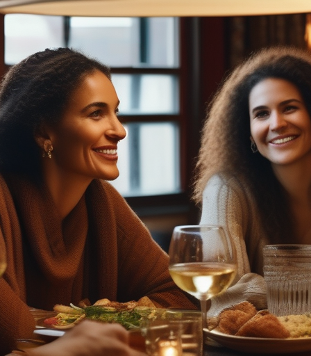 Eine diverse Gruppe von Menschen genießt ein Abendessen in einem gemütlichen Restaurant, das den kulturellen Austausch und das Verständnis betont.