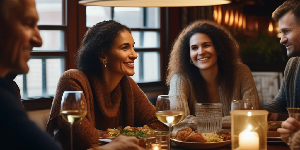 Eine diverse Gruppe von Menschen genießt ein Abendessen in einem gemütlichen Restaurant, das den kulturellen Austausch und das Verständnis betont.