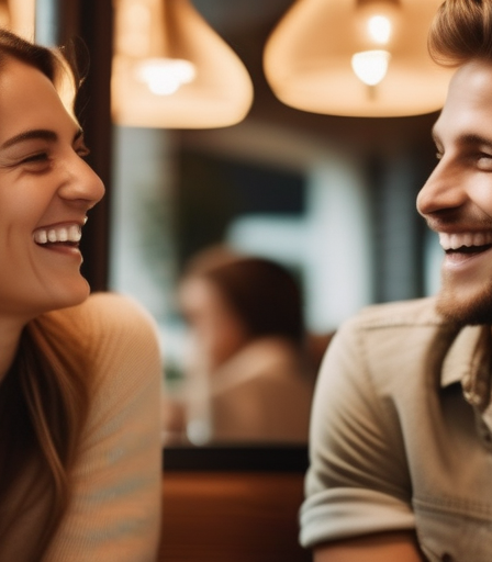 Ein junger Mann und Frau lachen in einem Café in Deutschland.