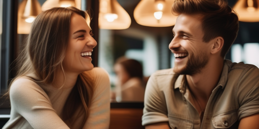 Ein junger Mann und Frau lachen in einem Café in Deutschland.
