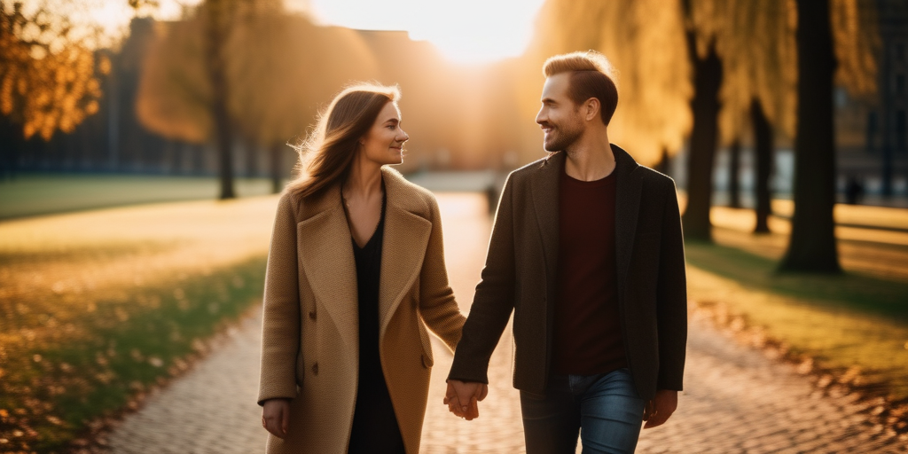 Ein Paar spaziert Hand in Hand durch einen Park in Berlin.