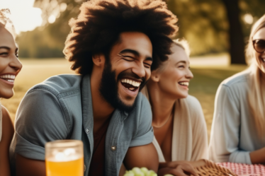 Eine Gruppe von Menschen lacht zusammen bei einem Picknick im Park.