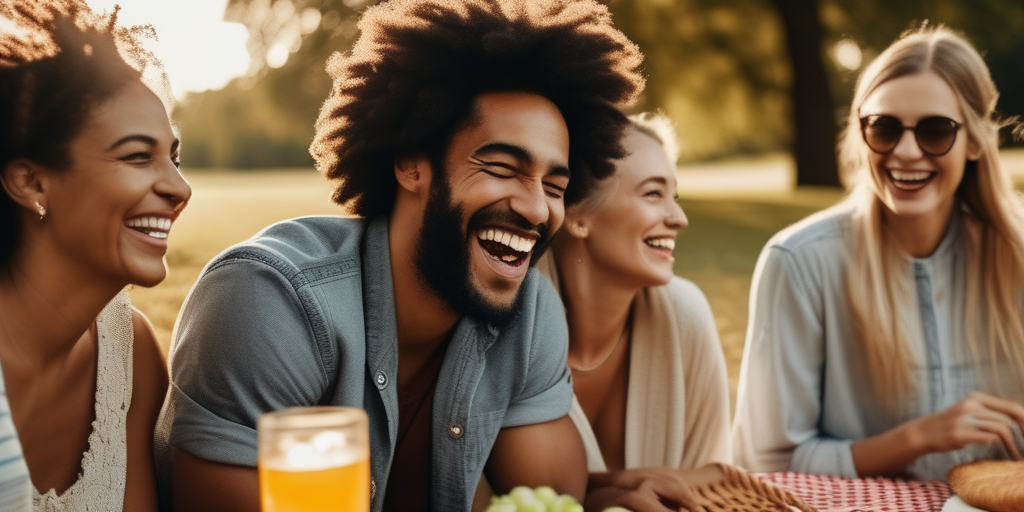 Eine Gruppe von Menschen lacht zusammen bei einem Picknick im Park.