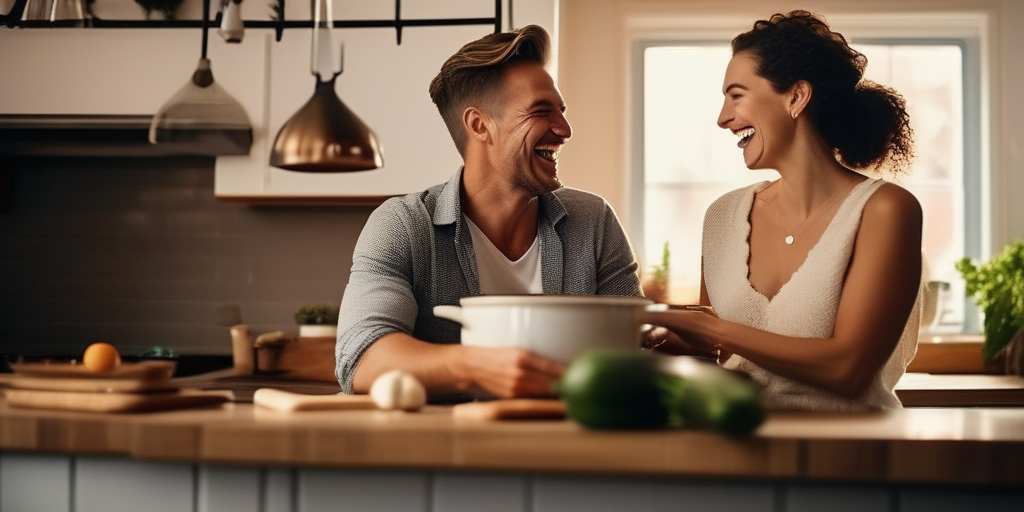 Ein Paar lacht zusammen beim Kochen in einer gemütlichen Küche.