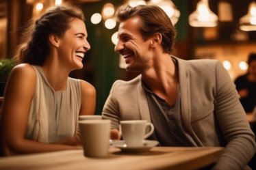 Eine junge Frau lacht mit einem charmanten, etwas reservierten deutschen Mann in einem gemütlichen Café.