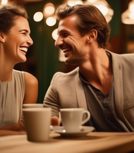 Eine junge Frau lacht mit einem charmanten, etwas reservierten deutschen Mann in einem gemütlichen Café.