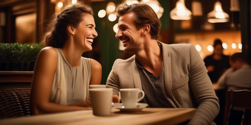 Eine junge Frau lacht mit einem charmanten, etwas reservierten deutschen Mann in einem gemütlichen Café.