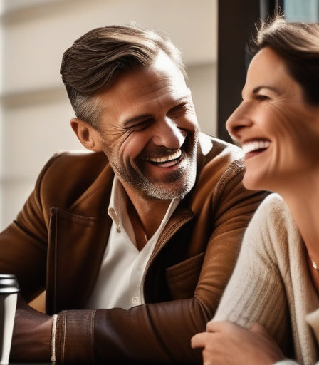 Ein stilvoller Mann und eine selbstbewusste Frau lachen in einem gemütlichen Café.