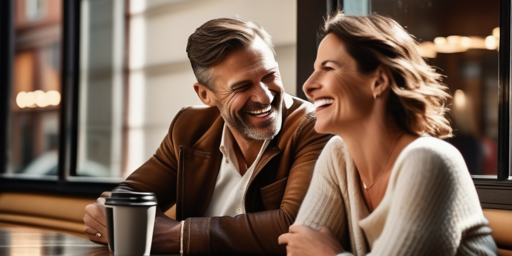 Ein stilvoller Mann und eine selbstbewusste Frau lachen in einem gemütlichen Café.
