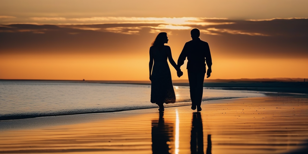 Ein Paar geht Hand in Hand am Strand bei Sonnenuntergang, romantische Szene.