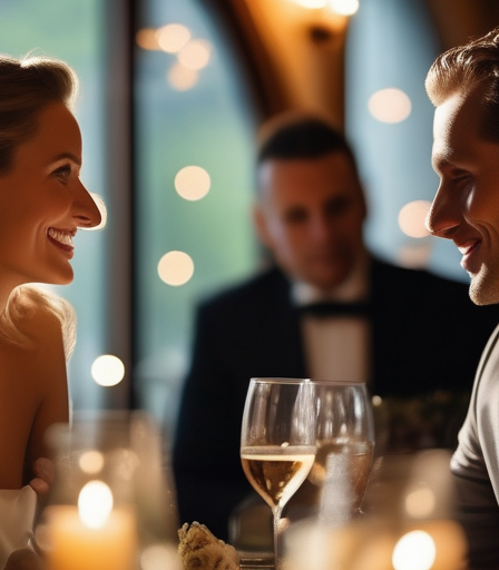 Ein Paar genießt ein romantisches Abendessen im Schlossrestaurant in Liechtenstein.