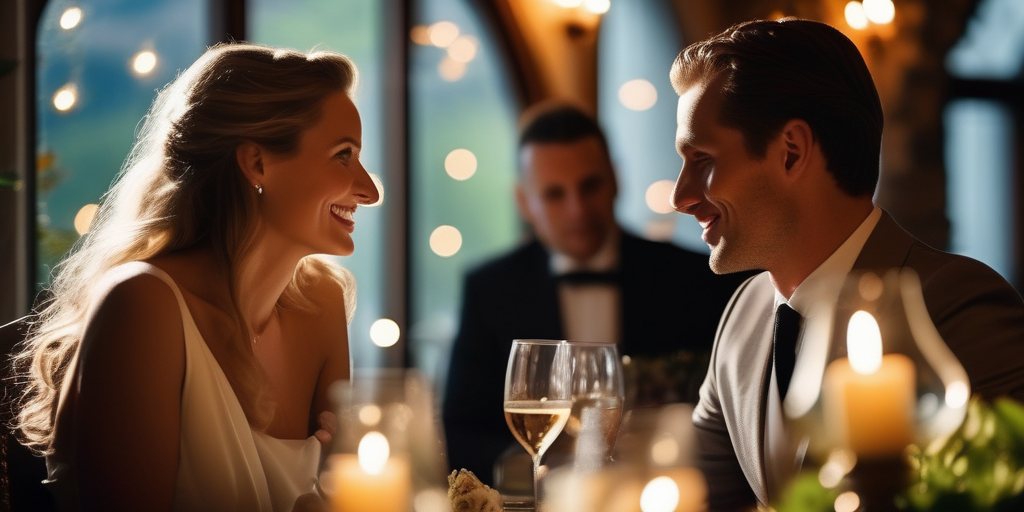 Ein Paar genießt ein romantisches Abendessen im Schlossrestaurant in Liechtenstein.