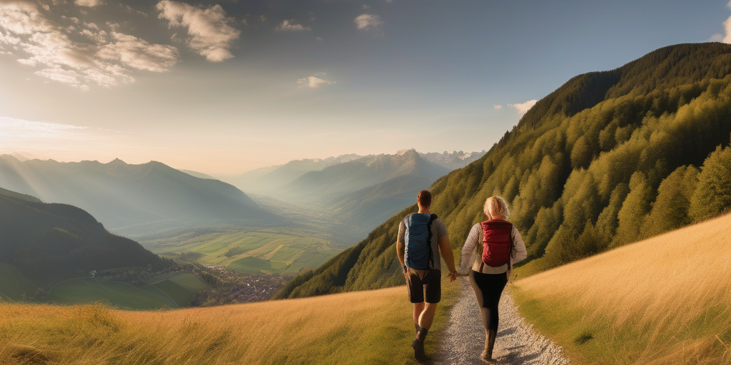 Ein Paar wandert durch die Berge Liechtensteins, Panoramablick, goldenes Licht.