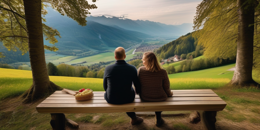Ein Paar sitzt auf einer Holzbank mit Blick auf das Tal in Liechtenstein und genießt ein Picknick.