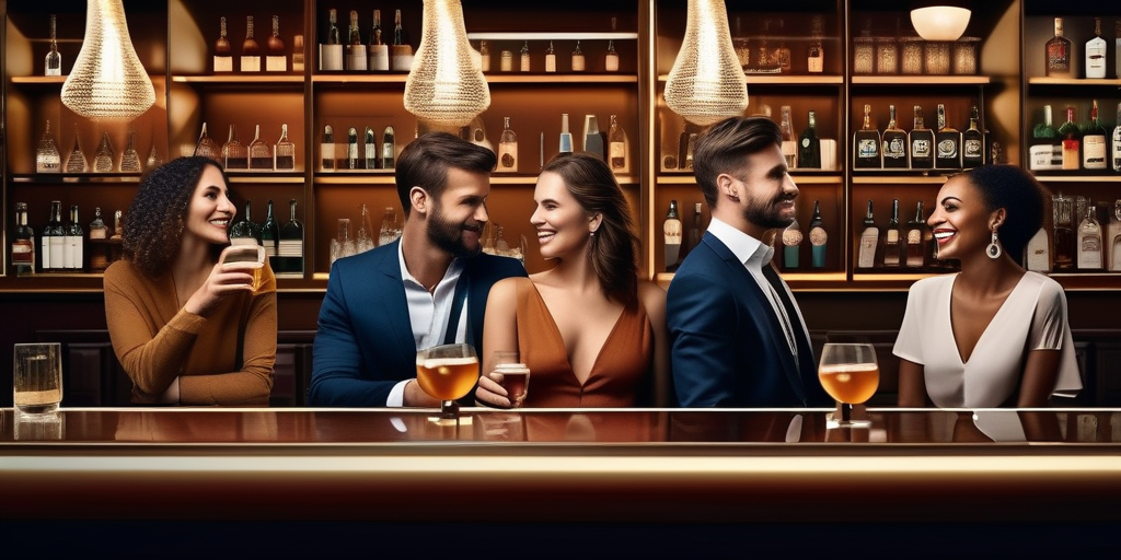 Eine Gruppe junger Berufstätiger genießt Getränke in einer stilvollen Bar in Luxemburg-Stadt.