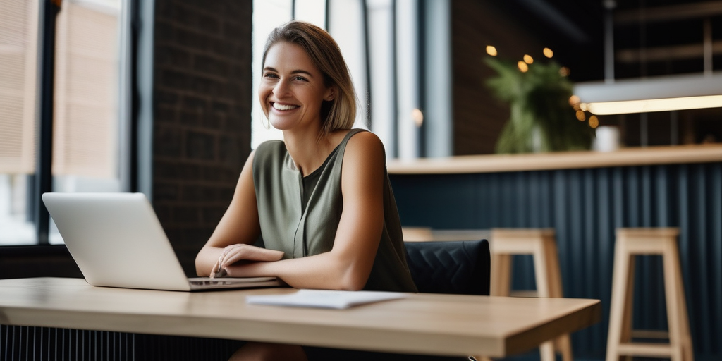 Eine Frau lächelt, während sie an einem Laptop in einem Co-Working-Space in Luxemburg arbeitet. Ein Kalender auf dem Bildschirm zeigt einen Termin.