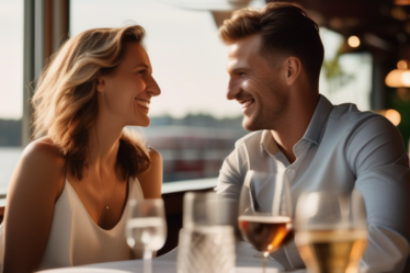 Ein Paar lächelt sich auf einem Date an einem Restaurant an der Hamburger Waterfront.