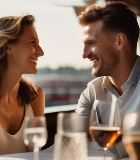 Ein Paar lächelt sich auf einem Date an einem Restaurant an der Hamburger Waterfront.
