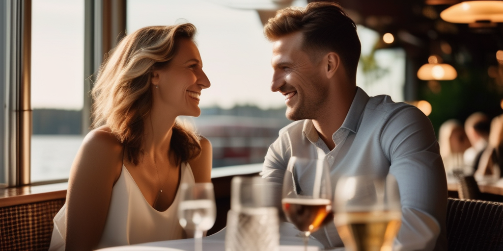 Ein Paar lächelt sich auf einem Date an einem Restaurant an der Hamburger Waterfront.