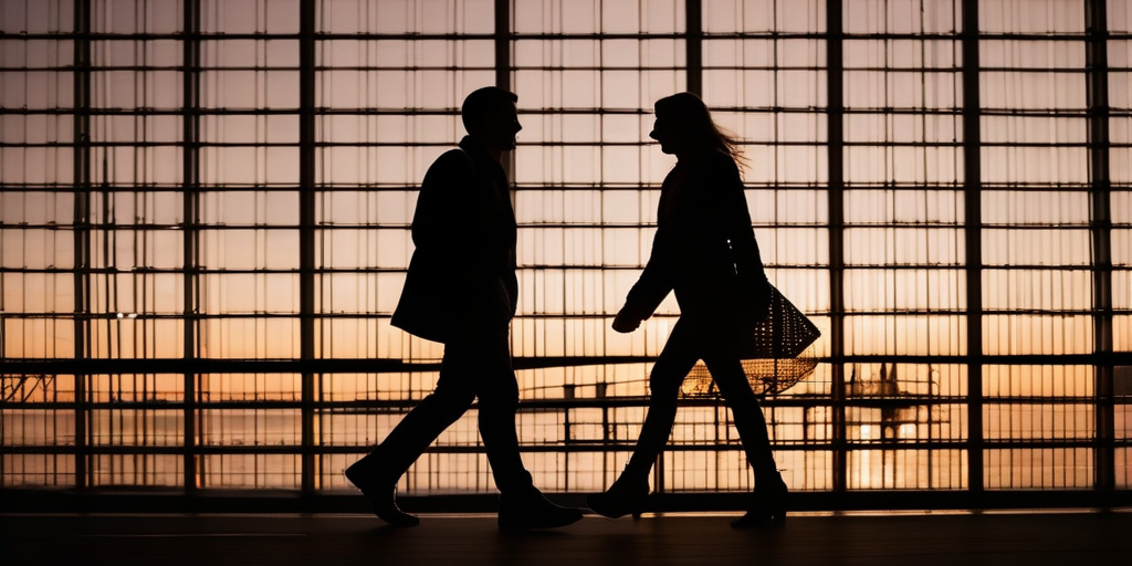Silhouette eines Paares, das bei Sonnenuntergang entlang der Elbphilharmonie in Hamburg spazieren geht.
