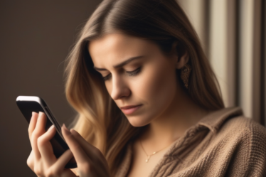 Junge Frau, die skeptisch auf ihr Smartphone schaut, um die Sicherheit beim Online-Dating zu betonen.