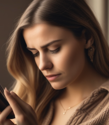 Junge Frau, die skeptisch auf ihr Smartphone schaut, um die Sicherheit beim Online-Dating zu betonen.