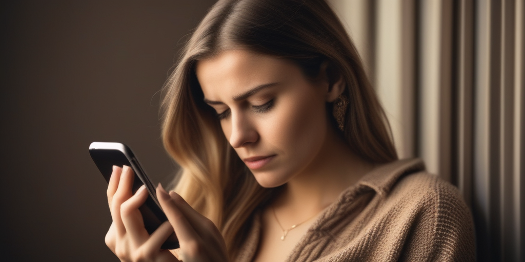 Junge Frau, die skeptisch auf ihr Smartphone schaut, um die Sicherheit beim Online-Dating zu betonen.