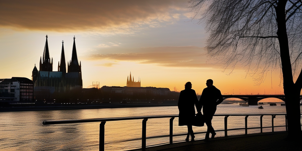 Silhouetten von zwei Personen gehen am Rhein in Köln bei Sonnenuntergang, mit der Stadtlandschaft im Hintergrund.
