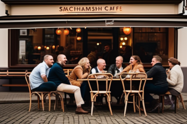 Gemütliches Café in Sachsenhausen, Frankfurt, mit Menschen, die sich unterhalten und lachen.