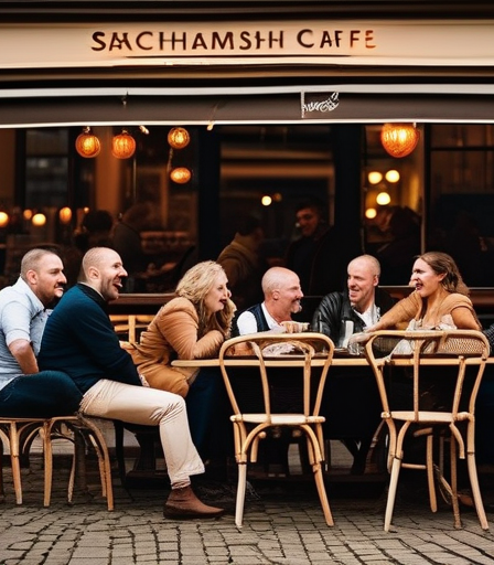 Gemütliches Café in Sachsenhausen, Frankfurt, mit Menschen, die sich unterhalten und lachen.