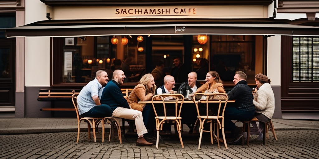 Gemütliches Café in Sachsenhausen, Frankfurt, mit Menschen, die sich unterhalten und lachen.