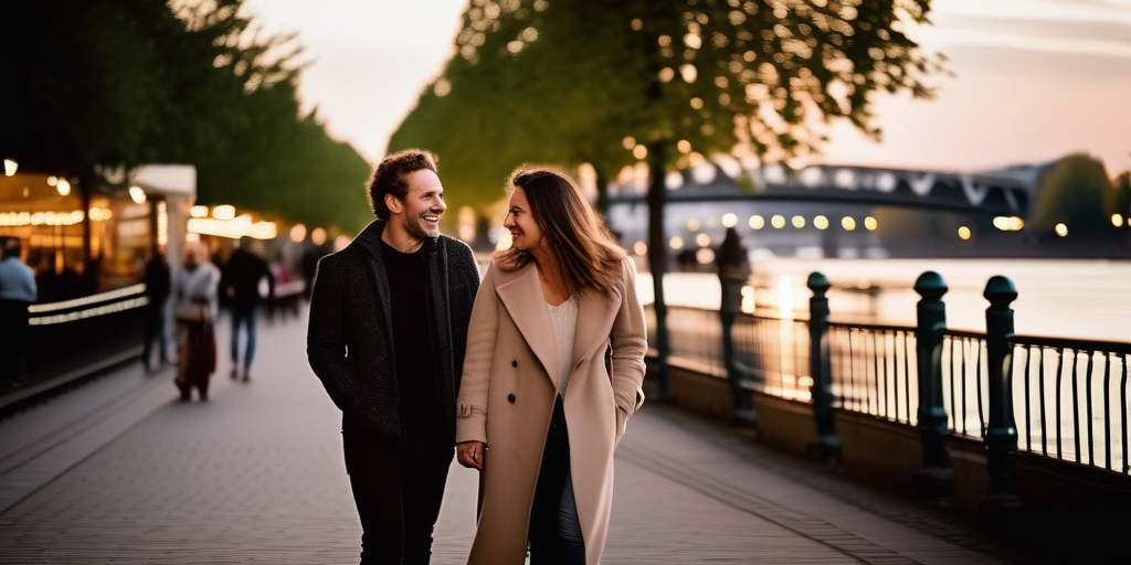 Zwei Personen lachen und unterhalten sich bei einem Spaziergang entlang des Mainufer in Frankfurt.