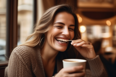 Eine Frau lacht und trinkt Kaffee in einem Wiener Café.