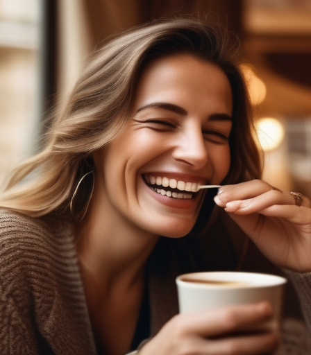 Eine Frau lacht und trinkt Kaffee in einem Wiener Café.