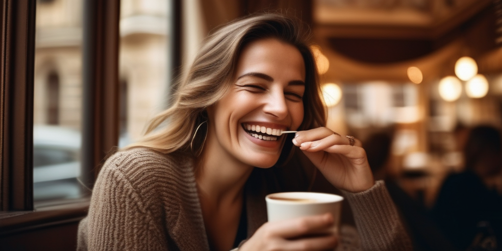 Eine Frau lacht und trinkt Kaffee in einem Wiener Café.
