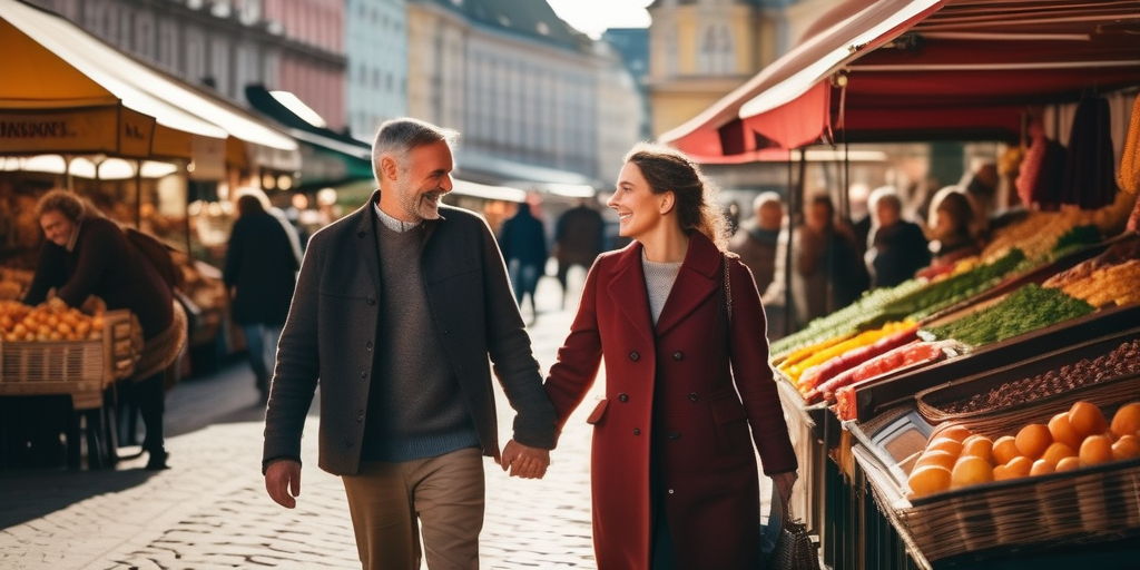 Ein Paar geht Hand in Hand über den Naschmarkt in Wien.