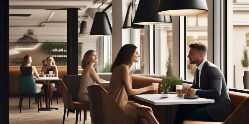 Eine Illustration eines Mannes, der selbstbewusst auf eine Gruppe von Frauen in einem Café geht.