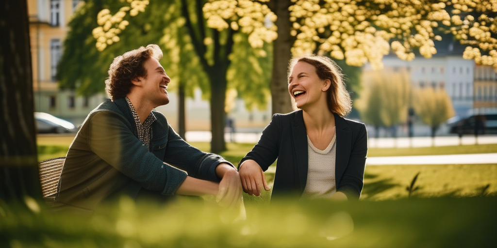 Zwei Personen lachen auf einem Date im Park in Linz