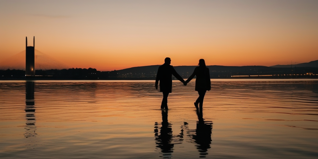 Silhouetten auf dem Donauufer in Linz