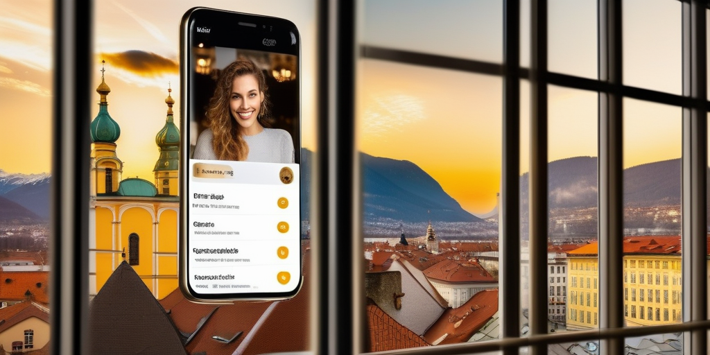Smartphone-Bildschirm mit Dating-App-Profil vor dem Goldenen Dachl.