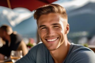 Ein junger Mann lächelt eine schöne Frau in einem Café in Innsbruck an.