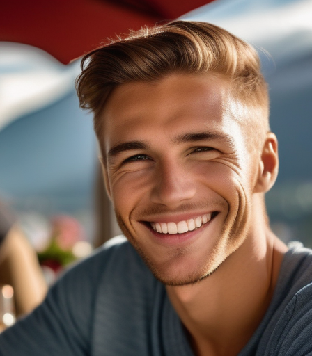 Ein junger Mann lächelt eine schöne Frau in einem Café in Innsbruck an.
