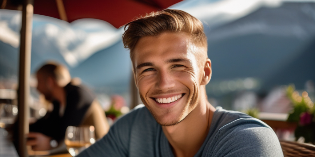 Ein junger Mann lächelt eine schöne Frau in einem Café in Innsbruck an.