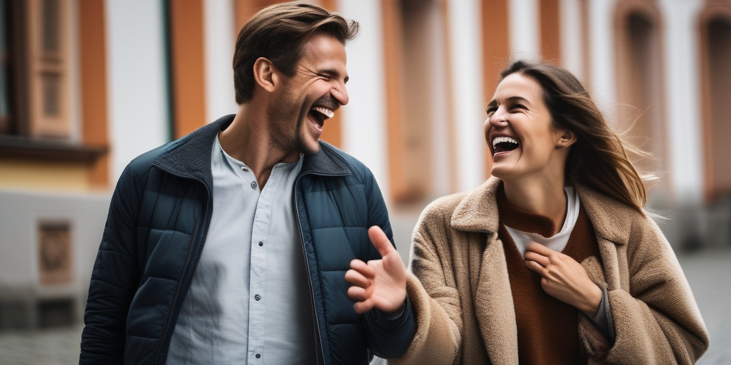 Zwei Personen lachen und gestikulieren, während sie versuchen, in verschiedenen Sprachen zu kommunizieren.