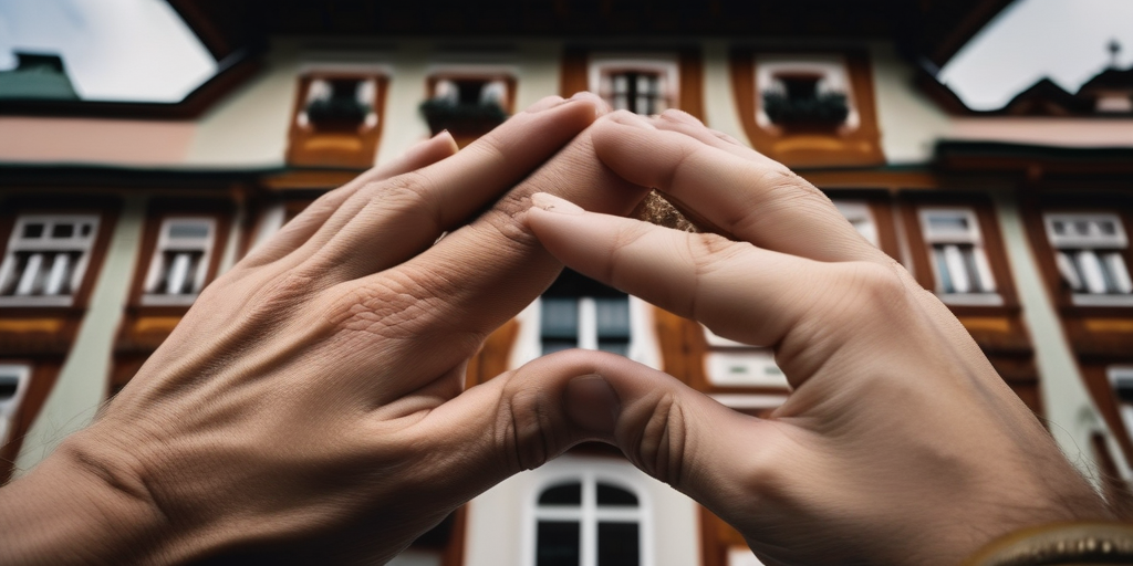 Nahaufnahme von zwei Händen, die sich sanft berühren vor einem traditionellen Tiroler Gebäude.