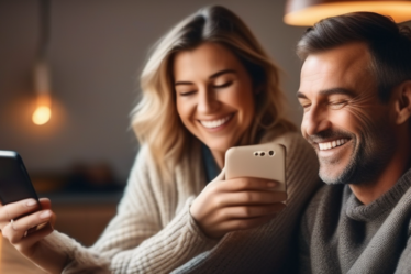 Lachende Mutter nutzt Smartphone zu Hause.