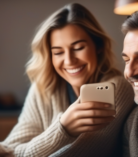 Lachende Mutter nutzt Smartphone zu Hause.