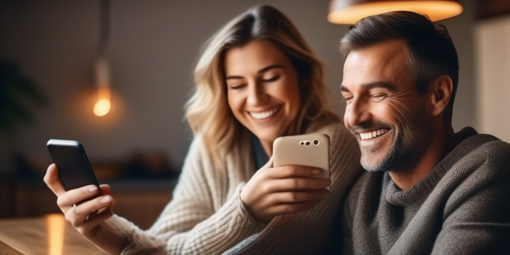 Lachende Mutter nutzt Smartphone zu Hause.