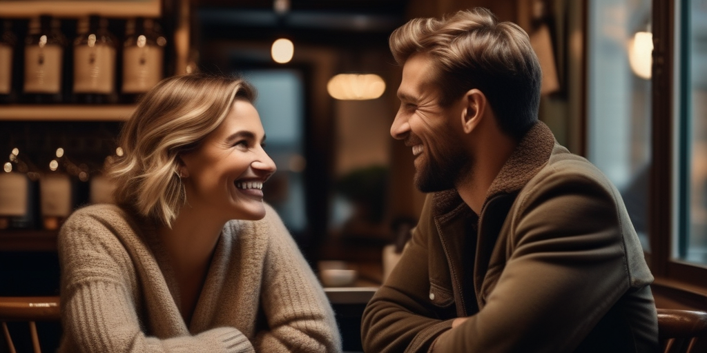 Eine gemütliche Kaffeekiosk-Szene mit zwei Personen, die sprechen und lachen, die ein potenzielles Date-Szenario darstellen, warme und einladende Atmosphäre.