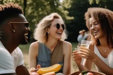 Eine vielfältige Gruppe von LGBTQ+-Personen, die ein Sommerpicknick in einem Park in Berlin genießen.
